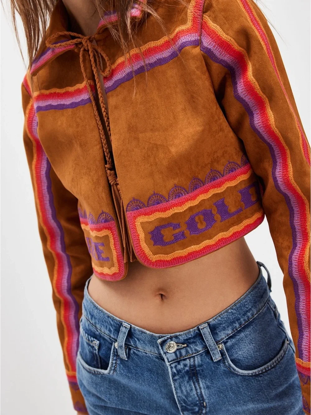 MOTHER Brown Suede Cropped Jacket with Pink & Purple Trim - Picture 2 of 9
